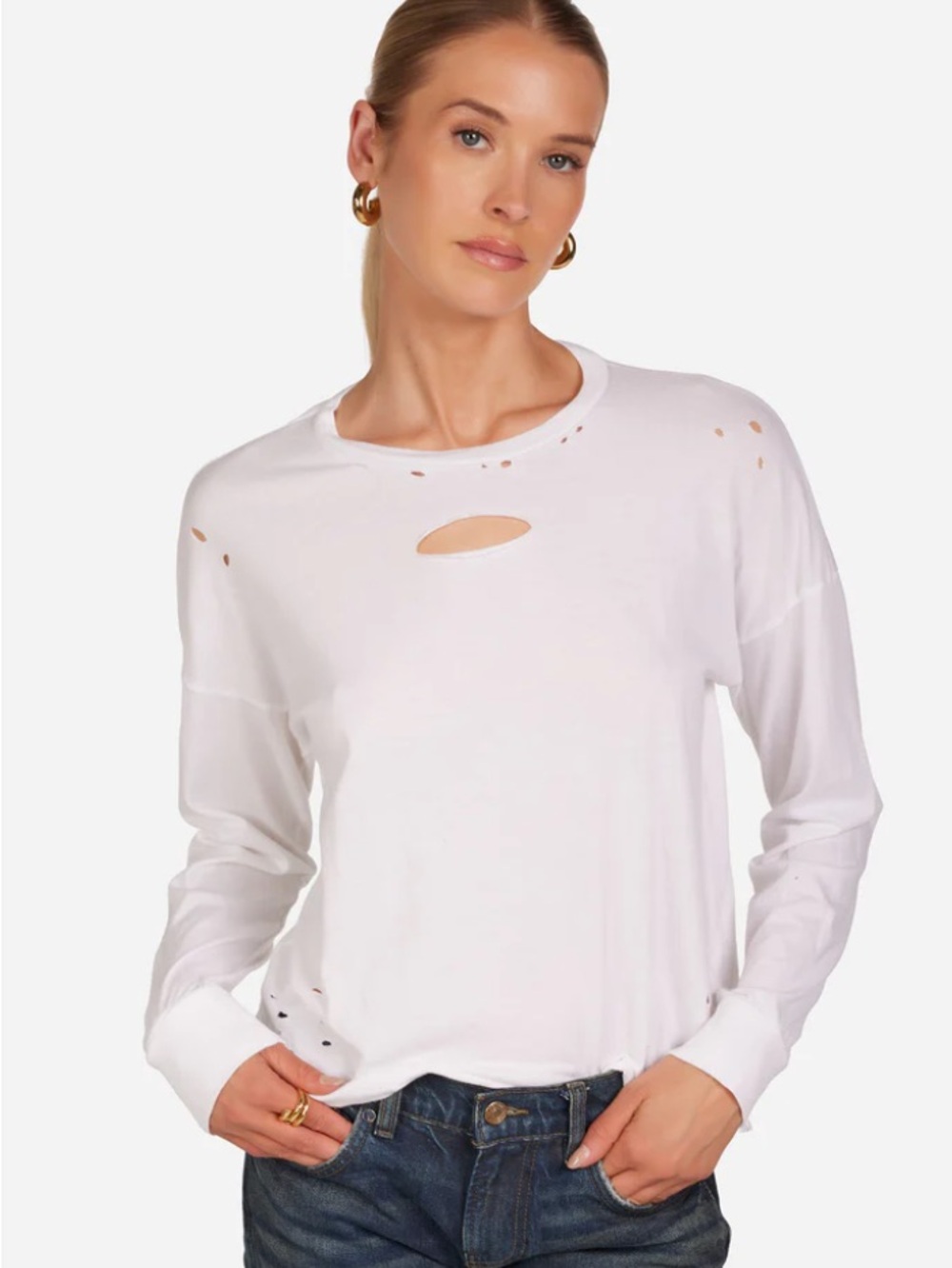 Michael Lauren Distressed Long Sleeve Top - White
